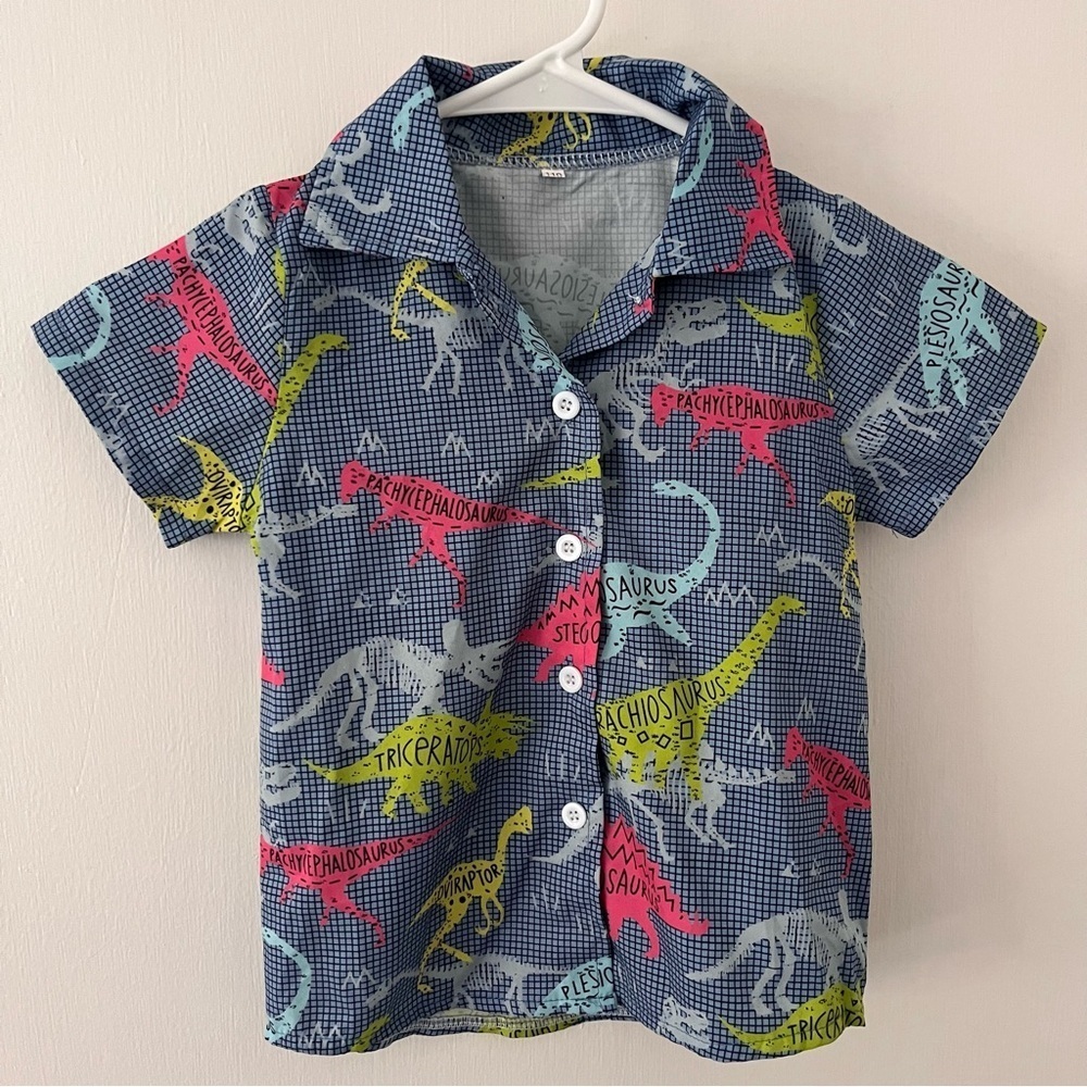 Dinosaur Bones Short Sleeve Button Down Boys 110 cm Blue Paleontology 4T